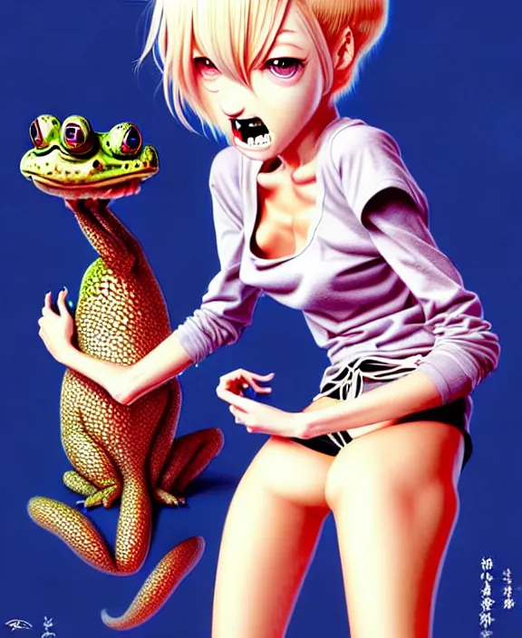 Image similar to richly detailed colored pencil 3D illustration of a beautiful French woman with short bleached blonde hair wearing a long Tshirt and black shorts about to be swallowed whole by a giant evil toad demon. art by Range Murata and Artgerm.