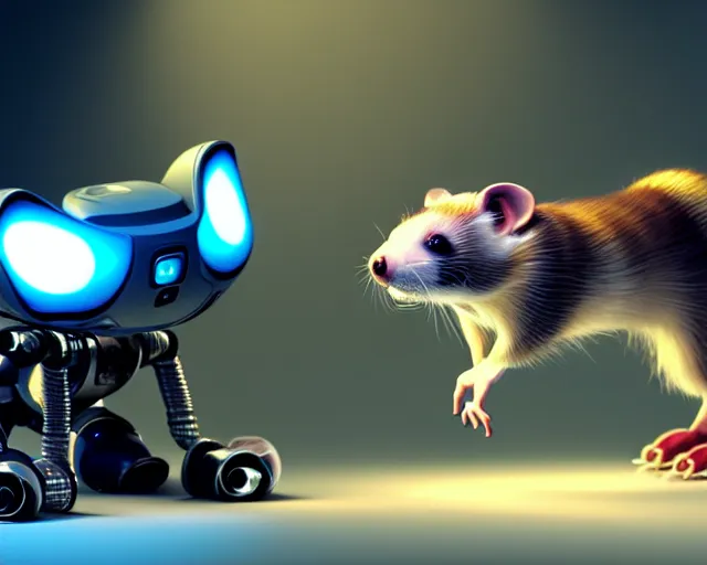 Image similar to futuristic ferret - shaped robot, robotic ferret - shaped 3 d octane render, cyberpunk ferret - shaped mechanical robot