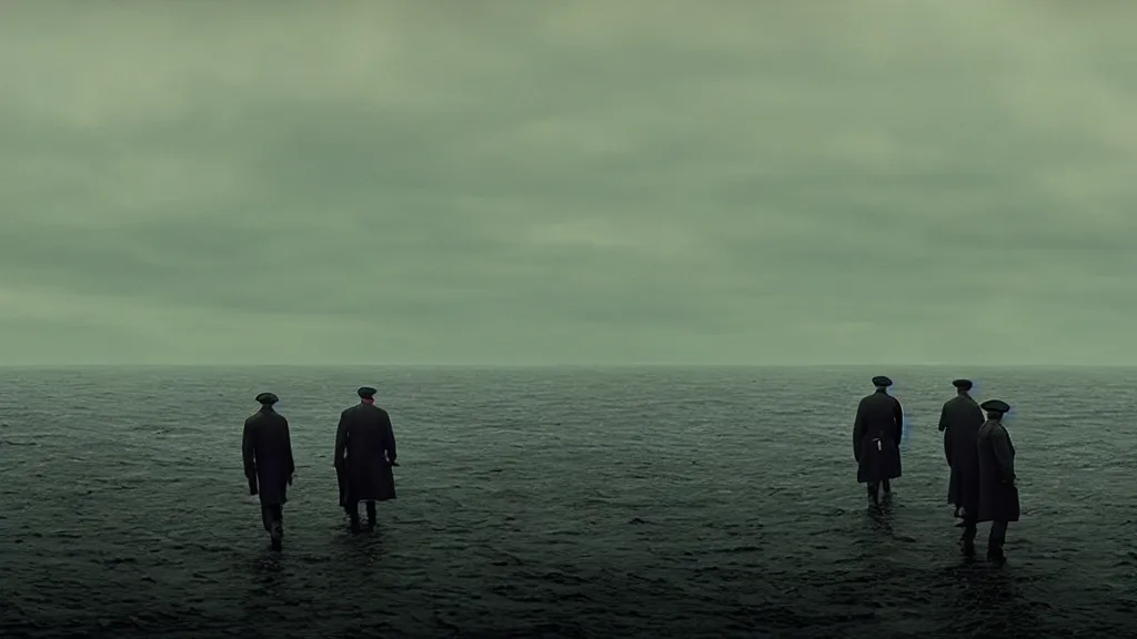 Image similar to the Peaky Blinders crew coming out of the ocean, film still from the movie directed by Denis Villeneuve with art direction by Zdzisław Beksiński, wide lens