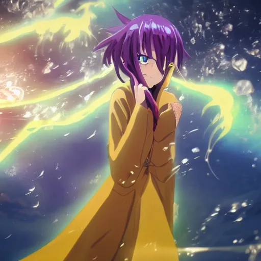 Image similar to rimuru tempest from that time i got reincarnated as a slime, with long blue hair in a ponytail, with bangs, pale skin, yellow eyes, fully clothed in red robes, highly detailed, 8 k, octane render, professional portrait, realistic, rainy window, volumetric lighting, water droplets frozen in time, sprites, god rays,