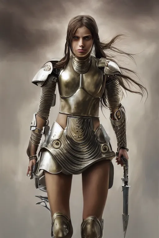 Image similar to a photorealistic painted portrait of an attractive young girl, partially clothed in metal-plated battle armor, olive skin, long dark hair, flawless skin, beautiful bone structure, perfectly symmetric facial features, perfect photorealistic eyes, natural physique, intricate, elegant, digital painting, concept art, finely detailed, beautifully illustrated, sharp focus, minimal artifacts, from Metal Gear, by Ruan Jia and Mandy Jurgens and Artgerm and William-Adolphe Bouguerea, in the style of Greg Rutkowski, trending on Artstation, award winning art