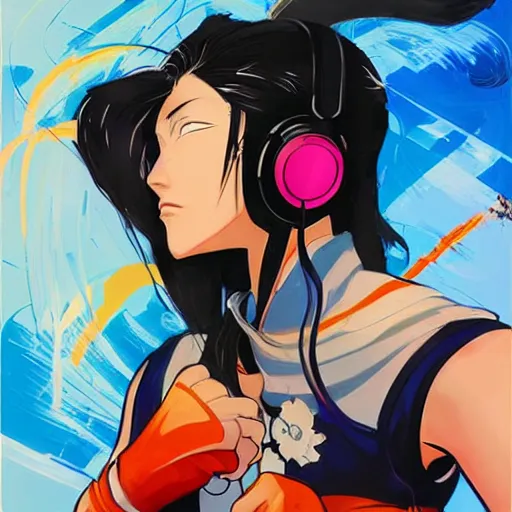 Prompt: cool girl with headphones in street fighter 4 art style, expressive sumi-e brush strokes flowing through the composition energetically, sound waves, powerful zen composition, by takehiko inoue and ross tran