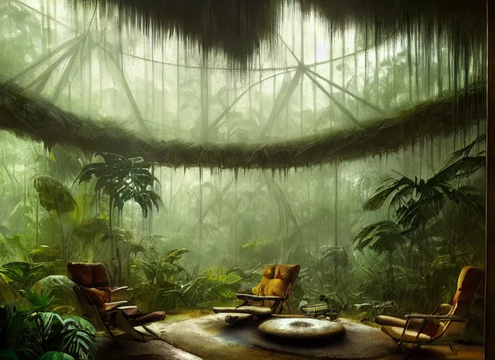 Image similar to a beautiful painting of the interior of a geodesic house in a moist tropical rainforest, living room, by greg rutkowski, realism, artstation, nature