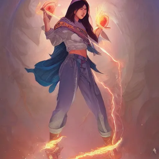 Prompt: asian goddesses representing earth, air, fire, water, and lightning, wearing modern clothing, hoodie, jean shorts, d & d, highly detailed, digital painting, artstation, concept art, sharp focus, illustration, cinematic lighting, art by artgerm and greg rutkowski and alphonse mucha