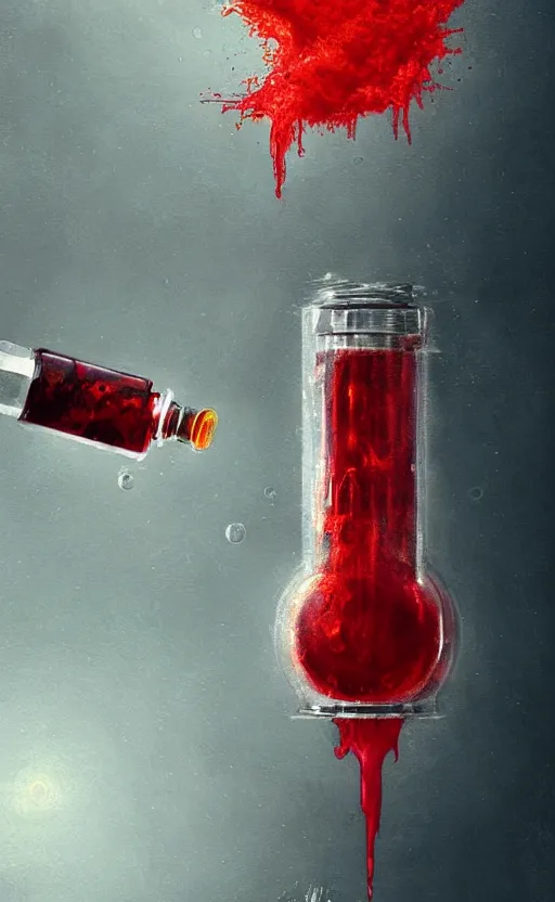 Image similar to a beautiful painting illustration of a health potion with red liquid inside vial, scratched surface, bubbles, crimson, by greg rutkowski, featured on artstation, rpg item