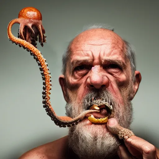 Image similar to National Geographic photo of angry old man with octopus living in his mouth