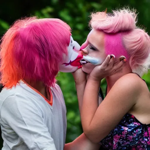 Image similar to teenager with pink hair kissing a clown girl