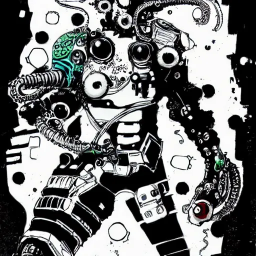 Image similar to a cyberpunk octopus, in the style of Ashley Wood and Moebius