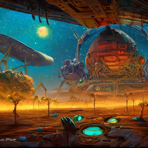 Image similar to spaceport orbiting ancient post - apocalyptic planet, jim henson creature shop, vivid and colorful, thomas kincaid, cinematic, oil painting, highly detailed, illustration