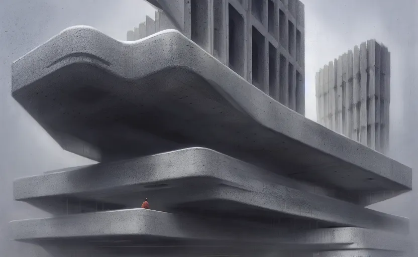 Prompt: painting of exterior shot of a white concerete brutalist architecture designed by zaha hadid and peter zumthor by darek zabrocki, greg ruthkowski, cinematic and cold atmospheric, archillect concept art, artstation, trending on artstation