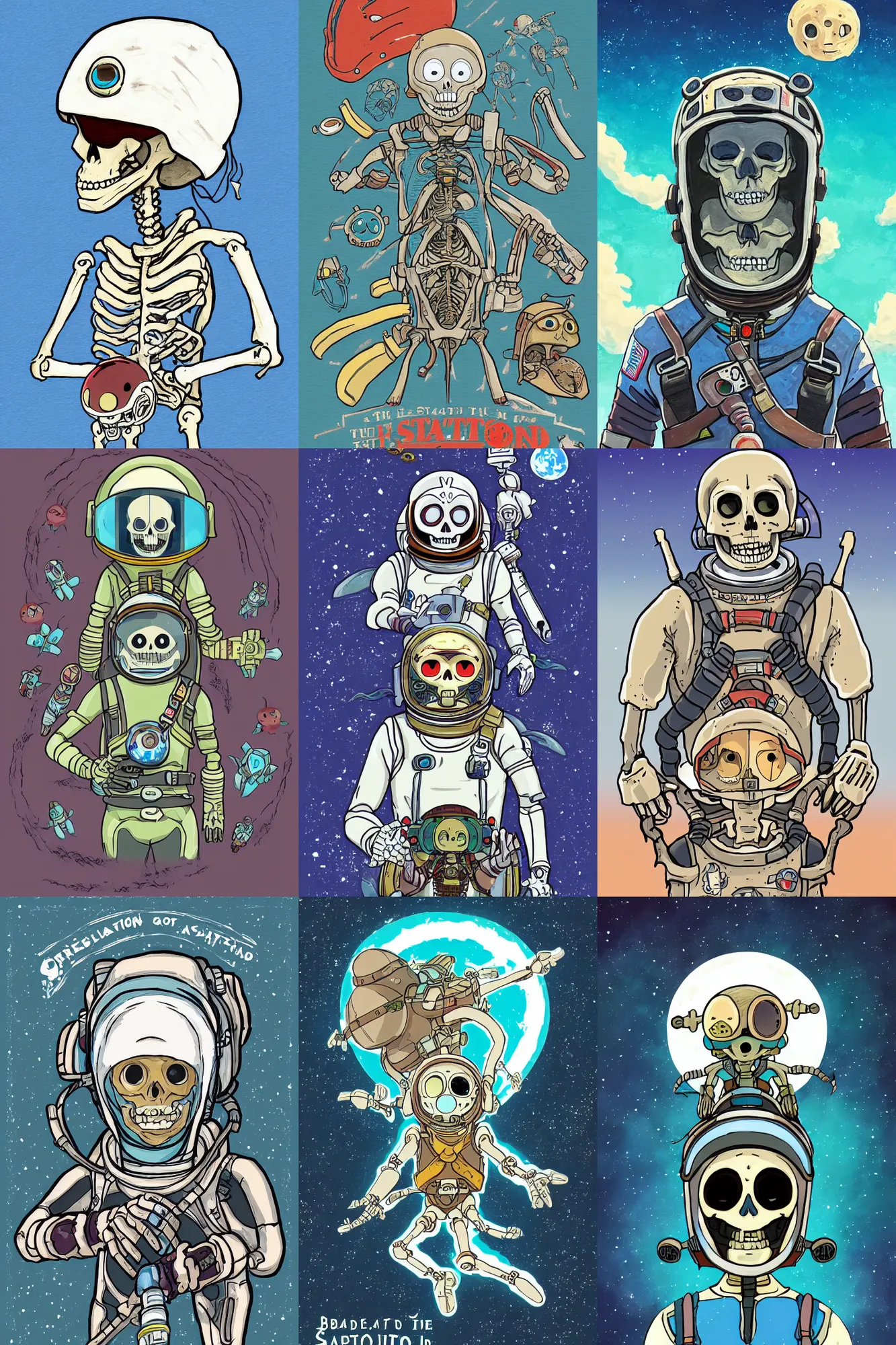 Prompt: portrait of an skeleton astronaut in the style of studio ghibli, breath of the wild