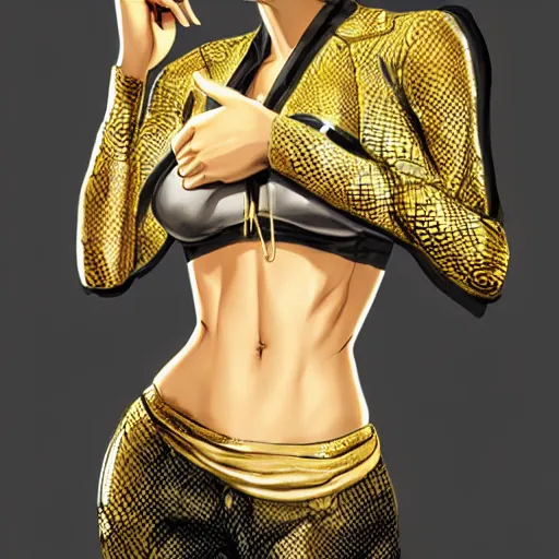 Image similar to yakuza slim girl, gold suit jacket in snake print, jacket over bare torso, yakuza tattoo on body, black short curtain haircut, black leather pants with black belt, elegant, 2d, ultra highly detailed, digital painting, smooth, sharp focus, artstation, art by artgerm, rossdraws