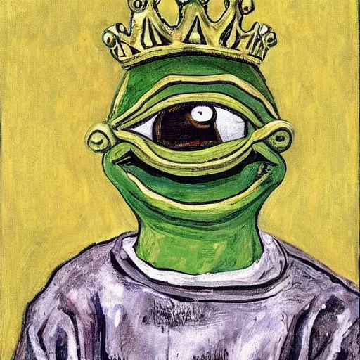 Image similar to pepe the frog as a king of england, painting by Lucien Freud,