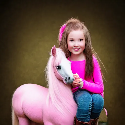 Image similar to young girl with rider boots, next to her is a pink pony, photo taken by nikon, sharp focus, highly detailed, studio lightning, 4 k