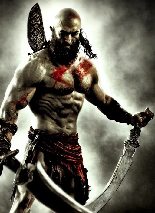 Image similar to a highly detailed beautiful 3 5 mm closeup photo of jason momoa kratos hybrid god of war holding a sword and fighting zombies on a pile of human skulls, spartan warrior, olympian god, muscular!, frank frazetta, boris vallejo, action pose, ambient lighting, volumetric lighting, octane, fantasy