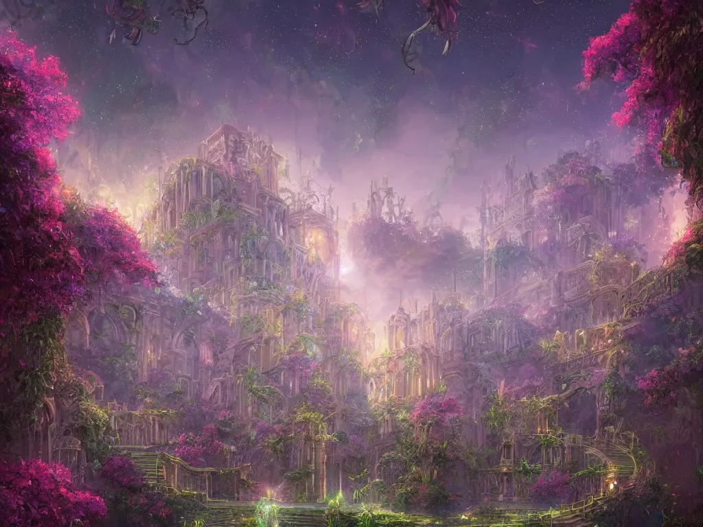 Image similar to beautiful highly detailed digital illustration of a celestial palatial garden with pillars of light towering above. by Andreas Rocha, colorful nebula in the night sky, stars, flowers and vines and creepers, establishing shot, cinematic, architecture, artstation HQ, HD, 8k resolution, featured in art magazine