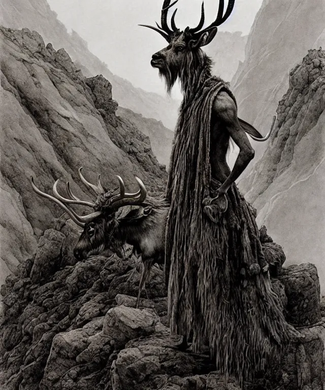 Image similar to A detailed horned antelopeman stands among the hills. Wearing a ripped mantle, robe. Extremely high details, realistic, fantasy art, solo, masterpiece, art by Zdzisław Beksiński, Arthur Rackham, Dariusz Zawadzki