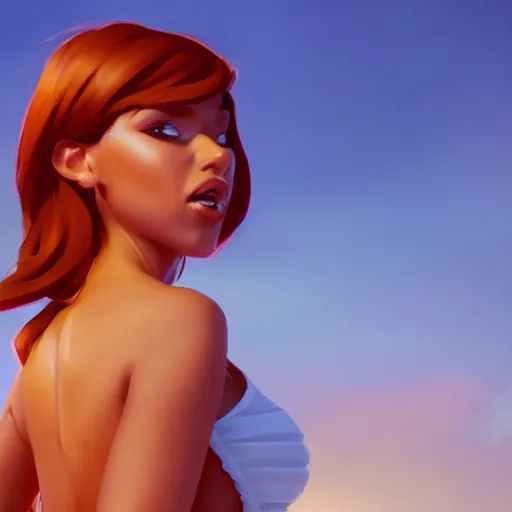 Image similar to upper body illustration of a beautiful latin girl, brown skin, orange hair, small waist, she wears a pretty miniskirt, mattepainting concept blizzard pixar maya engine on stylized background splash comics global illumination lighting artstation, sharp focus, epic, elegant greg rutkowski