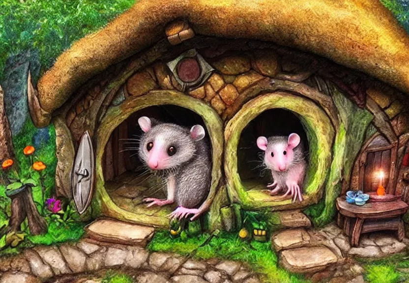 Image similar to cute possum dwelling a hobbit cottage, dark fantasy, full of color