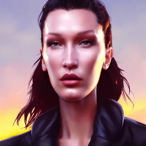 Prompt: a closeup portrait of bella hadid, dramatic light, city background, sunset, high contrast, sharp, painted by stanley lau, painted by greg rutkowski, painted by stanley artgerm, digital art, trending on artstation