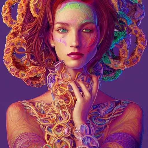 Image similar to the portrait of a ridiculously beautiful and elegant european woman partially made of onion rings of all colors, an ultrafine detailed illustration by james jean, final fantasy, intricate linework, bright colors, behance contest winner, vanitas, angular, altermodern, unreal engine 5 highly rendered, global illumination, radiant light, detailed and intricate environment