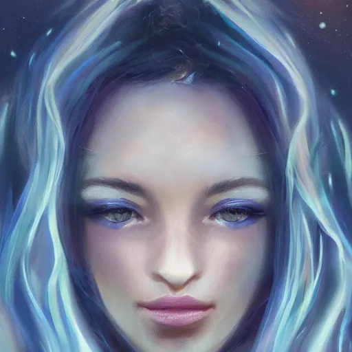 Prompt: beautiful female portrait, inner glow, symmetric face, flowing hair, under the moonlight, gemstone necklace, by wlop, trending on artstation, cgsociety