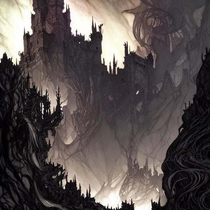 Prompt: style artgerm, joshua middleton, arthur rackham, twisted castle in hell, very long wirey spires, fire swirling, detailed, cave setting, volumetric lighting