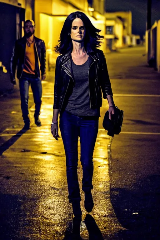 Image similar to photo of jessica jones walking down a nighttime street with a bottle in her right hand