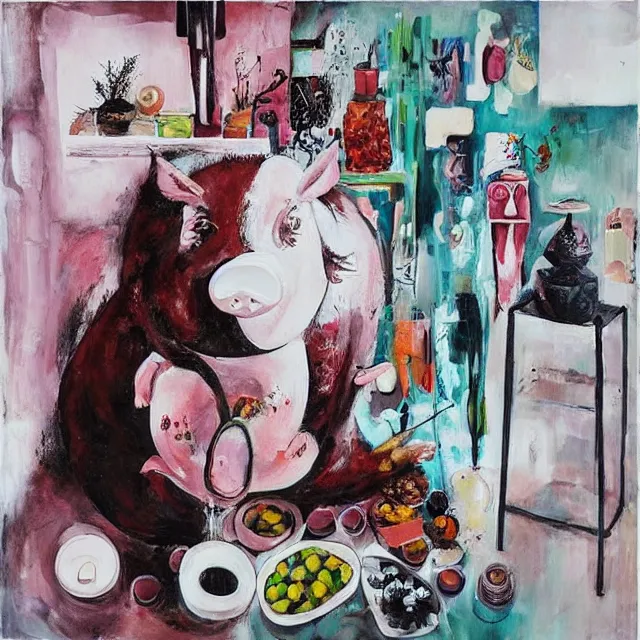 Prompt: “ a portrait in a female art student ’ s apartment, sensual, a pig theme, pork, pottery supplies, sculpture work in progress, a candle dripping white wax, pottery glaze, squashed berries, berry juice drips, acrylic and spray paint and oilstick on canvas, surrealism, neoexpressionism ”