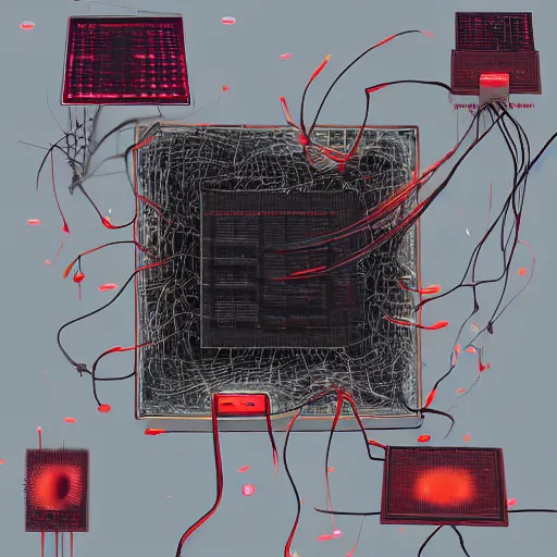 Image similar to a square computer coated in, clumps of hair, wires, leds, thermal sink, electronics,, skin, flesh, blood, guts and teeth, artstation