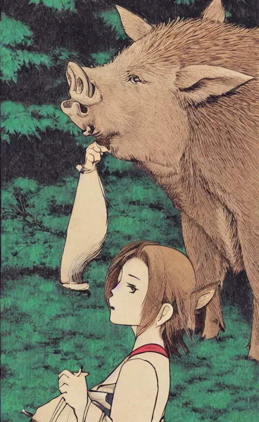 Prompt: by akio watanabe, manga art, a boar is curios about a girl with brown hair, in forest, trading card front, kimono, realistic anatomy, sun in the background