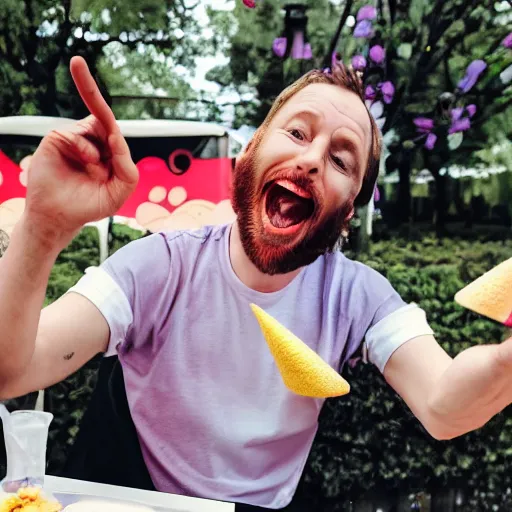 Image similar to thom york excitedly eating several colorful ice cream cones