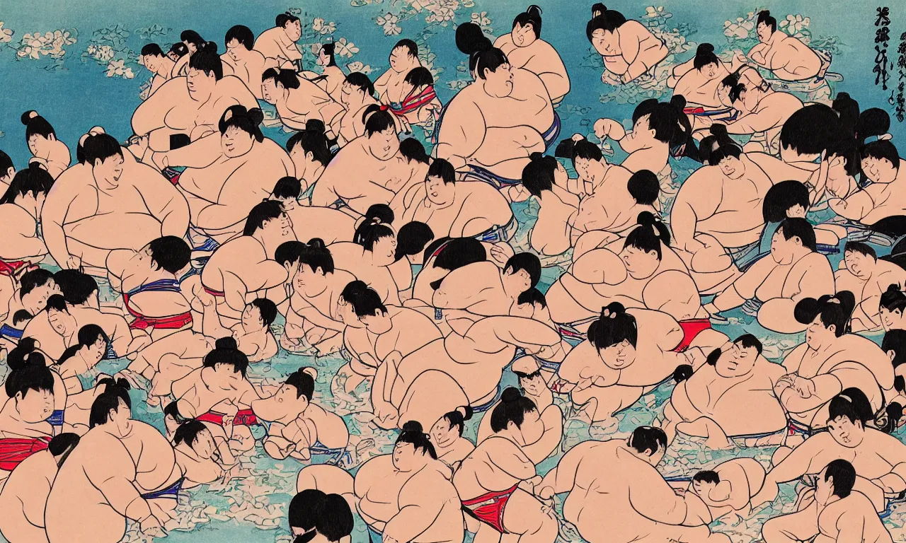 Image similar to Sumo Wrestlers Enjoy Hot Springs in Kyoto on a Summer Evening, art by Gengoroh Tagame and Yasutomo Oka