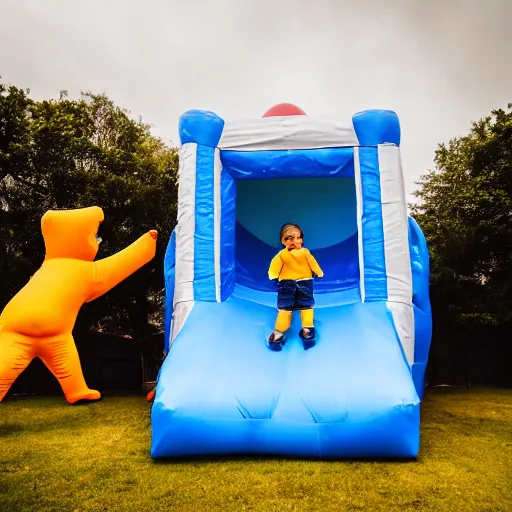 Image similar to cinematic photo of a 1 2 foot high big foot on a jumping castle with scared children, overcast, dark shadows