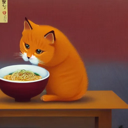 Image similar to Fat, cute orange cat in a suit eating ramen, busy restaurant, close up, ukyio-e, painting by Koson Ohara, details, 4K, 8K