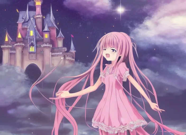 Image similar to stunning anime girl, animated, pastel colors, muted colors, fantasy art, castle in the background