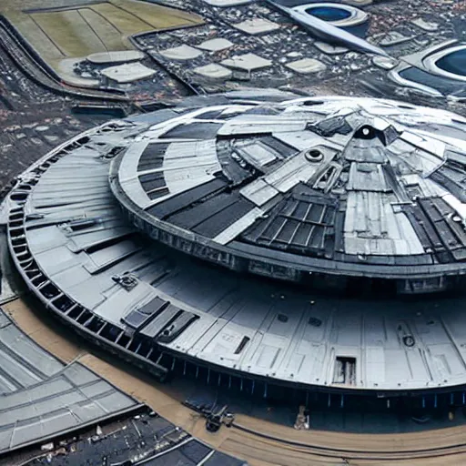 Image similar to the millennium falcon landing at heathrow airport.