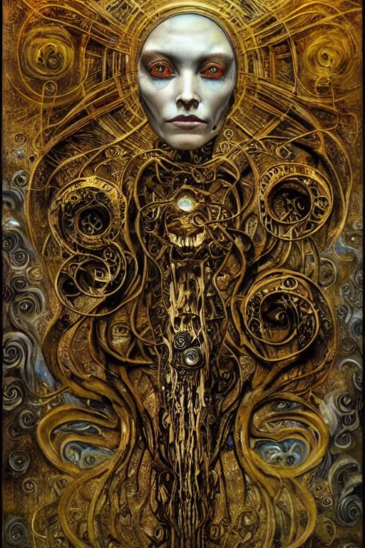 Image similar to The Bone Hammer by Karol Bak, Jean Deville, Gustav Klimt, and Vincent Van Gogh, otherworldly, fractal structures, arcane, prophecy, ornate gilded medieval icon, third eye, spirals