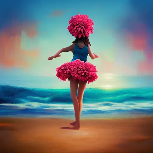 Image similar to portrait, giant rose flower head, girl dancing at the beach, surreal photography, sunrise, blue sky, dramatic light, impressionist painting, digital painting, artstation, simon stalenhag