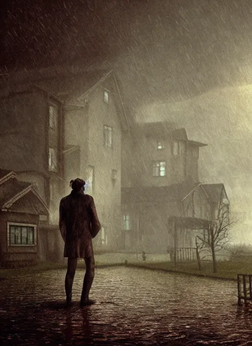 Prompt: frankenstein standing in front of a house on a rainy day, a digital rendering by gregory crewdson, trending on cgsociety, american scene painting, ominous vibe, matte drawing, atmospheric