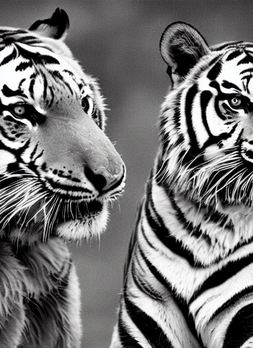 Image similar to two tigers black and white portrait white sky in background