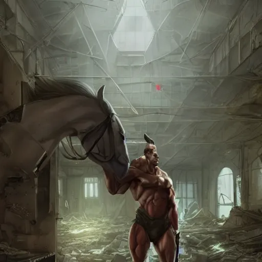 Prompt: a hyper - muscular anthropomorphized horse wearing a tactical bodysuit standing in the ruins of a facility, equine, highly detailed, digital painting, artstation, sharp focus, concept art, illustration, art by artgerm, greg rutkowski, makoto shinkai