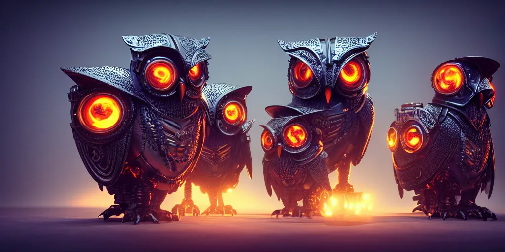 Image similar to giant evil, malevolent, cyborg owls snuggling, surrounded by computer screens. steampunk. this 4 k hd image is trending on artstation, featured on behance, well - rendered, extra crisp, features intricate detail and the style of unreal engine. volumetric lighting octane render