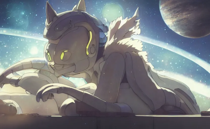 Image similar to an anime alien space cat sleeping on a mechanics workbench in a spaceport in a musical fantasy space opera ghibli animated film, volumetric lighting, octane render by stanley artgerm lau, greg rutkowski, studio ghibli, alphonse mucha, loish, norman rockwel, highly detailed, warm lighting, lens flare