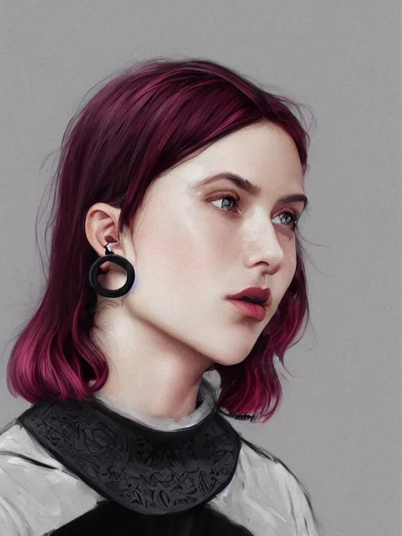 Image similar to beautiful russian girl with short pink hair and nose piercing, wearing airpods, a black choker, thin round earrings, winds of winter, au naturel, hyper detailed, digital art, trending in artstation, cinematic lighting, studio quality, smooth render, octane rendered, concept art, sharp focus, illustration, art by artgerm and greg rutkowski and wlop