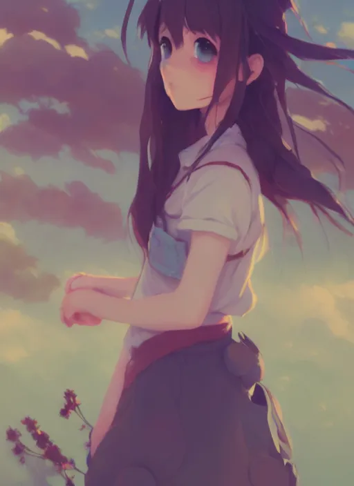 Image similar to portrait of cute girl, cloudy sky background lush landscape illustration concept art anime key visual trending pixiv fanbox by wlop and greg rutkowski and makoto shinkai and studio ghibli