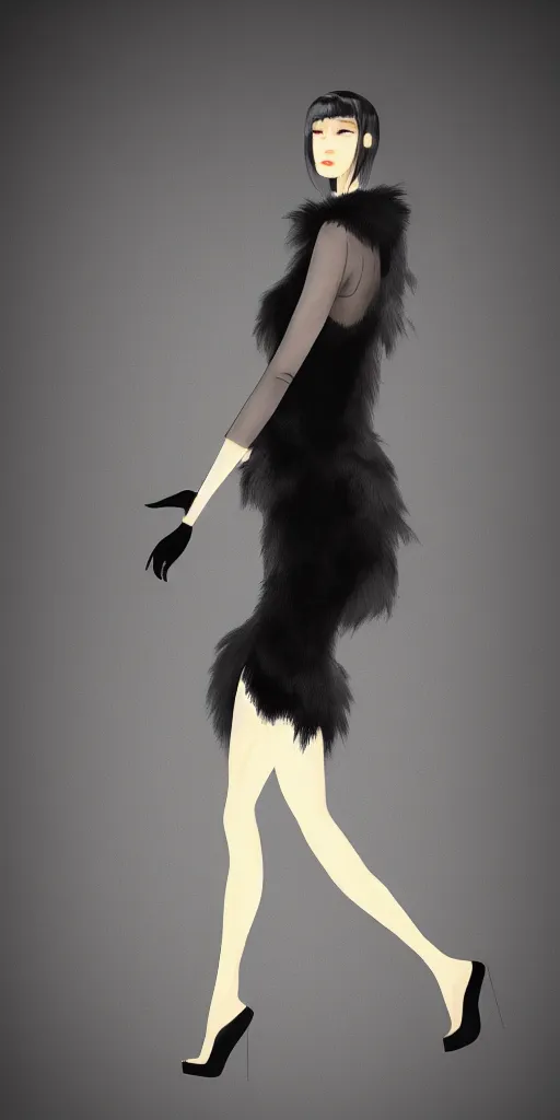 Image similar to full body aesthetic digital illustration of a beautiful young woman walking a runway in a furry little black dress, by wlop and Julia Razumova, realistic, photorealistic, cosplay, octane, deviantArt, trending on artstation, artstation HQ