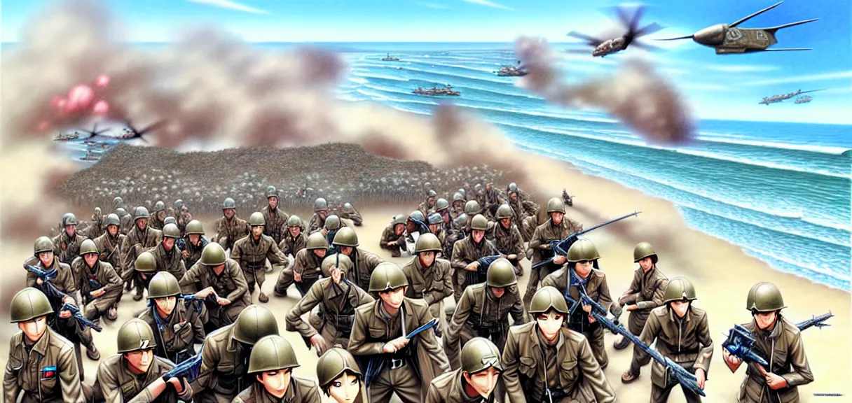 Prompt: richly detailed colored pencil 3D illustration of the battle of Omaha Beach, art by Range Murata and Artgerm.