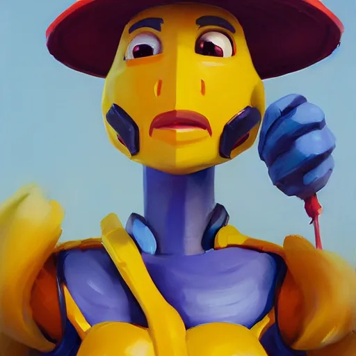 Image similar to greg manchess portrait painting of peely the humanoid banana from fortnite as overwatch character, medium shot, asymmetrical, profile picture, organic painting, sunny day, matte painting, bold shapes, hard edges, street art, trending on artstation, by huang guangjian, gil elvgren, ruan jia, greg rutkowski, gaston bussiere