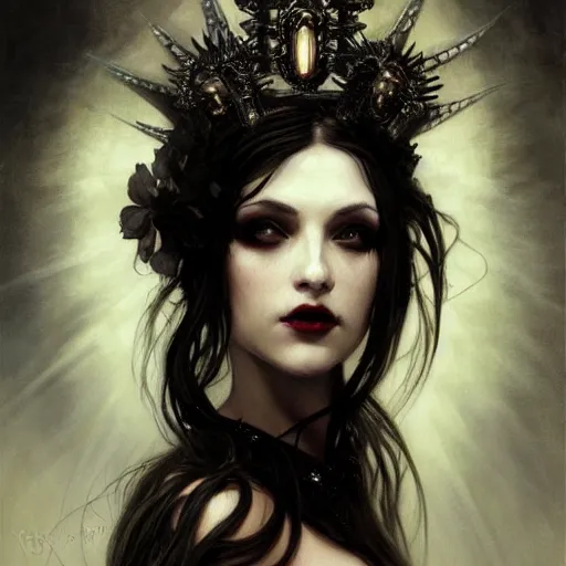 Prompt: dark goth queen by jeremy mann and alphonse mucha, fantasy art, photo realistic, dynamic lighting, artstation, poster, volumetric lighting, very detailed faces, 4 k, award winning dark, goth, queen, dark fantasy, hyperrealistic portrait, art of elysium, full figure, very detailed face, 4 k, award winning,